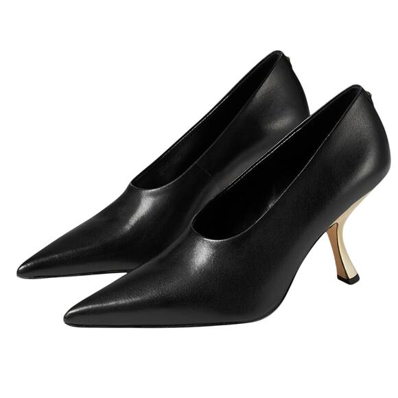 Michael Kors Womens Luna High Pumps US 9 M EU 39.5 Black Leather Gold Heels NIB - Picture 1 of 14